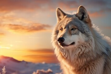 Wolf Standing in Snow at Sunset