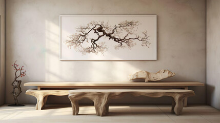 Obraz premium Wooden table and chair for home decoration, in the style of zen minimalism, against beige stucco wall. Home interior design of modern living room. Generative AI