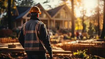 construction engineer standing with his back and watches at a house building construction. wearing a helmet and orange safety vest. working as a architect. blurry background