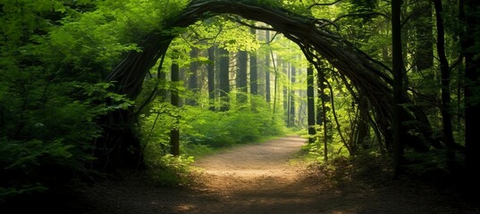 Natural archway shaped by branches in the forest