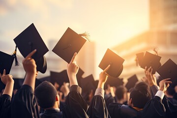 Graduates holding diplomas in their hands. Education and graduation concept, graduation ceremony concept hat and diploma up raised hands closeup, AI Generated - obrazy, fototapety, plakaty