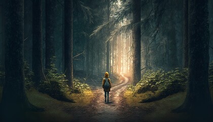 walking in the forest foggy weather mud rainy day design illustration