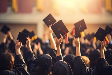 Graduation Ceremony, Students holding mortarboard and tassel, graduation ceremony concept hat and diploma up raised hands closeup, AI Generated - obrazy, fototapety, plakaty