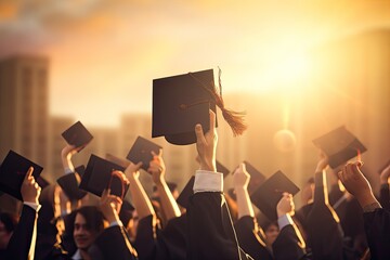 Graduates holding mortarboard and diploma at graduation ceremony. Graduation concept, graduation ceremony concept hat and diploma up raised hands closeup, AI Generated