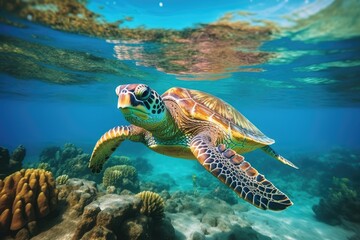 Hawaiian green sea turtle swimming on coral reef at Maldives, Green sea turtle swimming in turquoise sea water, underwater photo, AI Generated