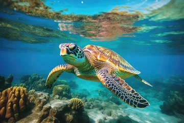 Foto op Plexiglas Hawaiian green sea turtle swimming on coral reef at Maldives, Green sea turtle swimming in turquoise sea water, underwater photo, AI Generated © Iftikhar alam