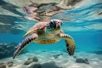 Hawaiian Green Sea Turtle Eretmochelys imbricata swimming underwater, Green sea turtle swimming in turquoise sea water, underwater photo, AI Generated - obrazy, fototapety, plakaty