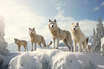 Group of Wolves on Snow Covered Hill