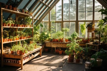 Fototapeta na wymiar Beautiful interior of a greenhouse with plants in pots on the windowsill, greenhouse with plants. indoor gardening, AI Generated