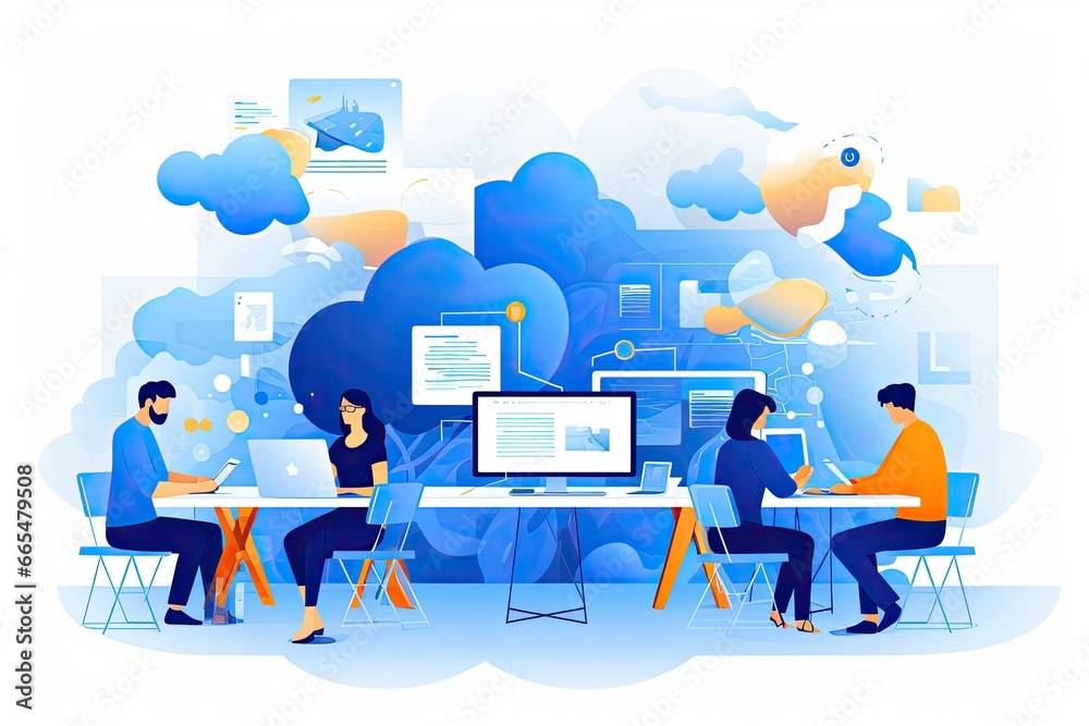 Fototapete Cloud computing concept. Vector illustration of people working on cloud computing, Group of developers working in office, abstract illustrations around, AI Generated