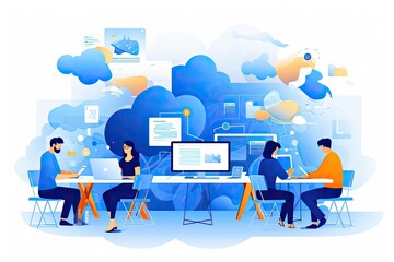 Cloud computing concept. Vector illustration of people working on cloud computing, Group of developers working in office, abstract illustrations around, AI Generated