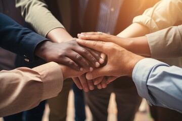 Teamwork concept. Close up of young multiethnic businesspeople holding hands together, Group of diverse hands holding each other support together teamwork aerial view, AI Generated