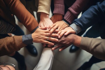 Group of diverse people joining hands together. Teamwork concept. Top view, Group of diverse hands holding each other support together teamwork aerial view, AI Generated - obrazy, fototapety, plakaty