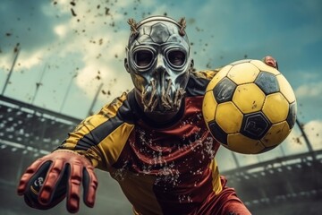 Obraz na płótnie Canvas Man with Gas Mask Holding Soccer Ball