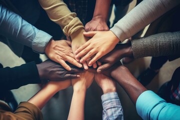 Group of diverse people putting their hands together on top of each other, Group of Diverse Hands Together Joining Concept, captured top view, AI Generated - obrazy, fototapety, plakaty