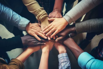 Poster Group of diverse people putting their hands together on top of each other, Group of Diverse Hands Together Joining Concept, captured top view, AI Generated © Iftikhar alam