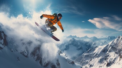Naklejka na ściany i meble Thrilling Snowboarder Jumping Adventure in the Sunny Mountain Slopes