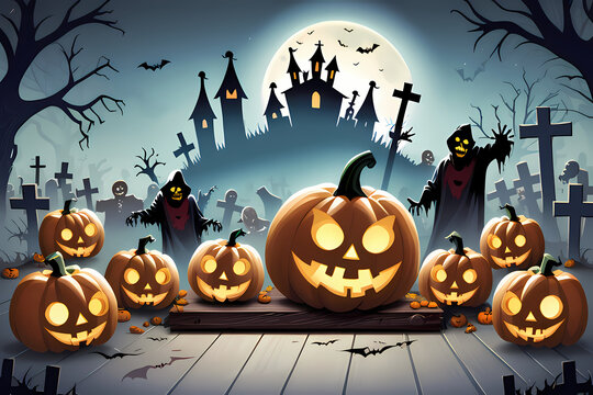 Halloween night background with pumpkins ai generative art
