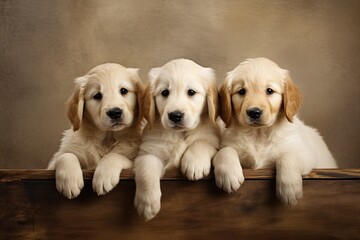 Three Golden Retriever puppies sitting on a wooden shelf. Studio shot, Group portrait of adorable puppies, AI Generated