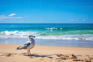 Fototapeta na wymiar Seagull on the beach under blue sky. AI Generated