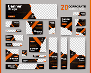 Professional business web ad banner template with photo place. Modern layout black background and orange shape and text design	