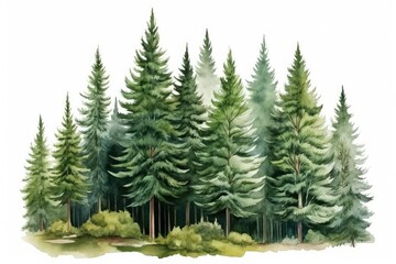Pine forest on white background. Watercolor hand drawn illustration, Hand drawn watercolor coniferous forest illustration of spruce, AI Generated