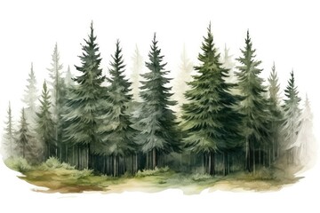 Watercolor illustration of coniferous forest. Hand-drawn illustration, Hand drawn watercolor coniferous forest illustration of spruce, AI Generated - obrazy, fototapety, plakaty