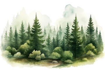 Fototapeta na wymiar Watercolor landscape with coniferous forest in the mist. Vector illustration, Hand drawn watercolor coniferous forest illustration of spruce, AI Generated