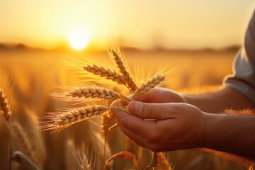 Farmer examining wheat ears in field at sunset, closeup of hands, hand of worker man taking wheat spikes at sunset close up, AI Generated