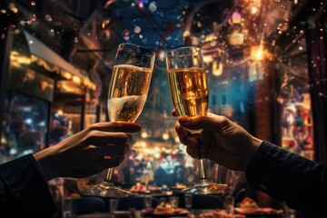 Close up of two hands toasting with champagne glasses over Christmas lights background, Hands of couple with flutes of champagne and their friends with bengal lights, AI Generated