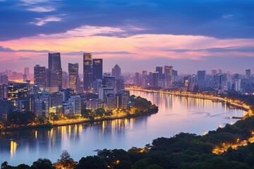 Cityscape of Chongqing at twilight, China. Long exposure, Hanoi skyline cityscape at twilight period. Cau Giay park, west of Hanoi, AI Generated - obrazy, fototapety, plakaty