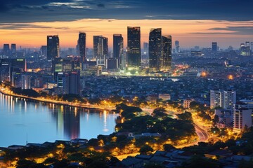 Chao Phraya River and Bangkok cityscape at twilight, Thailand, Hanoi skyline cityscape at twilight period. Cau Giay park, west of Hanoi, AI Generated