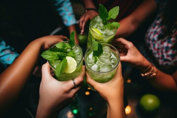 Close-up image of female hands holding glasses with mojito cocktails, Happy friends group cheering mojito drinks at cocktail bar restaurant, top view, no face, AI Generated