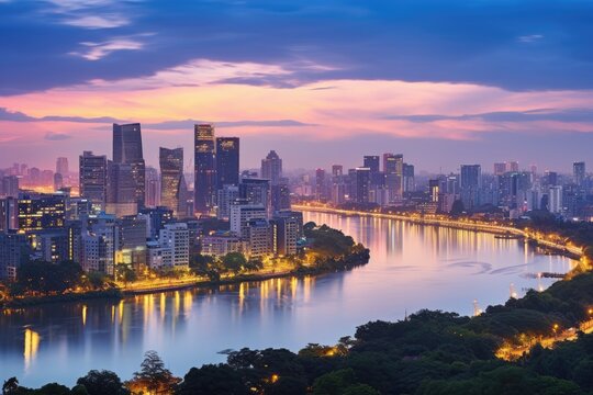 Cityscape of Chongqing at twilight, China. Long exposure, Hanoi skyline cityscape at twilight period. Cau Giay park, west of Hanoi, AI Generated