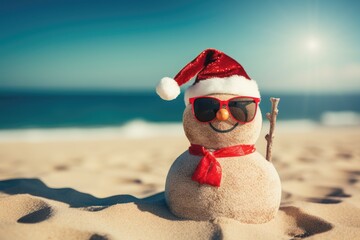 Snowman in sunglasses on the beach. Christmas and New Year concept, happy sandy snowman with sunglasses and Santa hat on sunny Christmas day afternoon, AI Generated