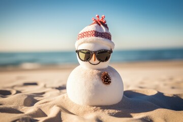 Snowman wearing sunglasses on the beach. Christmas and New Year concept, happy sandy snowman with sunglasses and Santa hat on sunny Christmas day afternoon, AI Generated