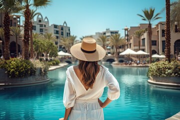 Back view of young woman in white dress and straw hat standing by swimming pool at luxury resort, Happy tourist girl rear view walking near fountains in Dubai city. Vacation, AI Generated - obrazy, fototapety, plakaty