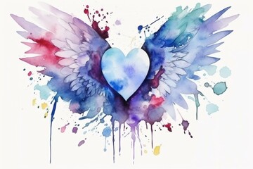 Beautiful watercolor wings and heart on white background. Generative AI - obrazy, fototapety, plakaty