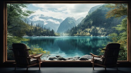 view of jiuzhaigou from a wooden window with two chairs