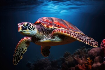 Fototapeta premium Hawaiian Green Sea Turtle Chelonia mydas, Hawksbill Turtle in a deep sea, AI Generated