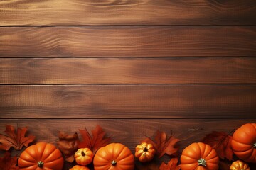 Halloween orange autumn pumpkin leaf background wooden season fall maple wood. Generative AI