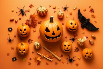 Flat lay Halloween on orange background with pumpkins, witch, and Halloween attributes. Generative AI