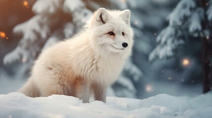 Cute snow fox in snowy landscape
