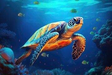 Fototapeta na wymiar Green sea turtle swimming in coral reef. Underwater world. 3d rendering, Hawksbill Turtle in a deep sea, AI Generated
