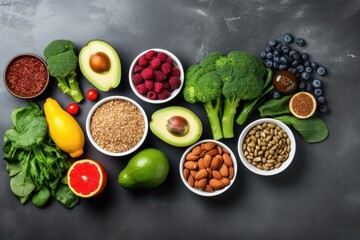 Healthy food clean eating selection: fruits, vegetables, seeds, superfoods and nuts on a dark background, Healthy food clean eating selection: salmon, vegetables, beans, olive oil, AI Generated