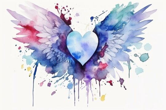 Beautiful watercolor wings and heart on white background. Generative AI