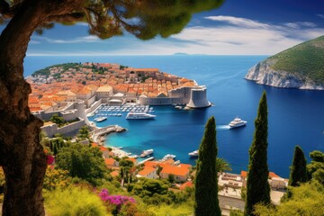 Dubrovnik old town on the Adriatic Sea, Croatia, Historic town of Dubrovnik panoramic view, AI Generated - obrazy, fototapety, plakaty