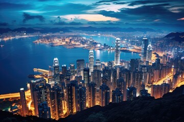 Hong Kong skyline at night from Victoria Peak, Hong Kong, China, Hong Kong city view from The Peak at twilight, AI Generated - obrazy, fototapety, plakaty