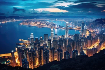 Foto op Plexiglas Hong Kong skyline at night from Victoria Peak, Hong Kong, China, Hong Kong city view from The Peak at twilight, AI Generated © Iftikhar alam