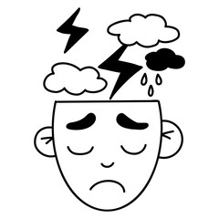 Mental health concept. Head with an unhappy sad face and bad weather, lightning with clouds and rain inside. Vector illustration. doodle drawing.
